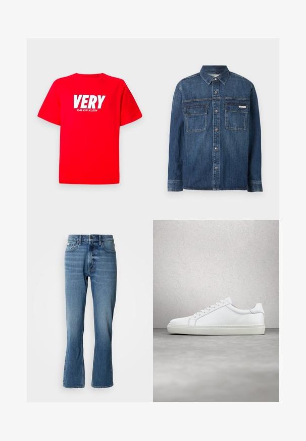Dunkelblaues Denim-Hemd mit langen Ärmeln, Knopfleiste vorne, zwei Brusttaschen mit Klappen und einem kleinen Calvin Klein-Label auf der rechten Tasche.; Rotes T-Shirt mit kurzen Ärmeln, auf der Brust in großen weißen Buchstaben "VERY" und darunter in kleineren weißen Buchstaben "CALVIN KLEIN".; Hellblaue Denim-Jeans mit geradem Schnitt und leicht ausgestelltem Bein. Verfügt über fünf Taschen, einen Knopfverschluss und dezente Waschungseffekte.; Weißer Sneaker mit glattem Lederobermaterial und niedrigem Profil. Verfügt über eine runde Zehenpartie, sechs Ösen und eine strukturierte Gummisohle.