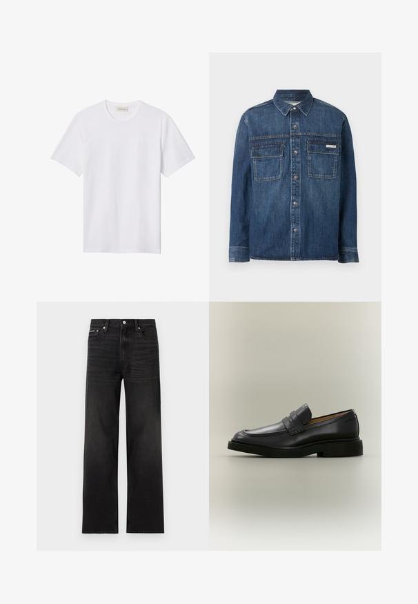 Donkerblauw denim shirt met lange mouwen, knoopsluitingen aan de voorkant, twee klepzakken op de borst en een klein Calvin Klein-label op de rechterzak.; Effen wit T-shirt met korte mouwen en ronde hals, met een klein reliëflogo op de linkerborst en een merklabel binnenin de kraag.; Zwarte jeans met rechte pijpen, vijf zakken, riemlussen en knoopsluiting, weergegeven op een witte achtergrond.; Zwarte leren herenloafer met een lage hak en een banddetail over het bovenwerk, getoond in profiel op een neutrale achtergrond.