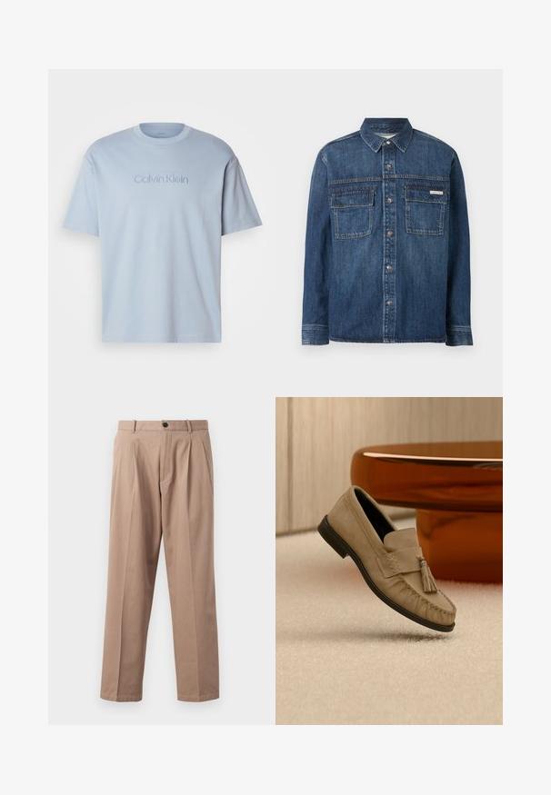 Camisa de mezclilla azul oscuro de manga larga con botones al frente, dos bolsillos con solapa en el pecho y una pequeña etiqueta de Calvin Klein en el bolsillo derecho.; Camisa de algodón de color azul claro con cuello redondo, mangas cortas y logo bordado de "Calvin Klein" en un tono a juego en la parte frontal.; Pantalones beiges de algodón, con corte recto, pliegues en la parte frontal, cierre de botón y bolsillos laterales. Textura suave.; Mocasín de ante marrón claro con detalle de borla, suela negra, colocado sobre alfombra beige cerca de una base de mesa redonda marrón y brillante.