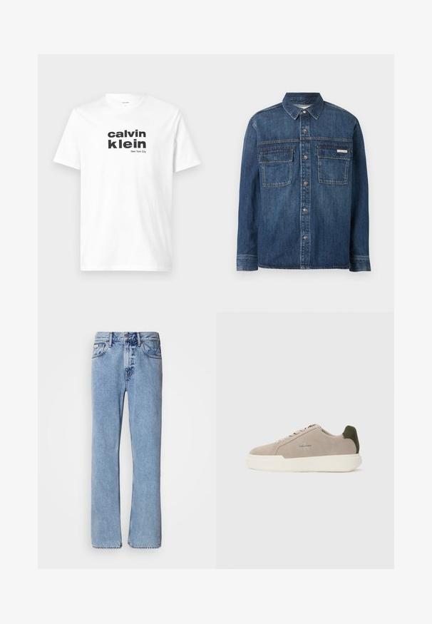 Donkerblauw denim shirt met lange mouwen, knoopsluitingen aan de voorkant, twee klepzakken op de borst en een klein Calvin Klein-label op de rechterzak.; Witte katoenen t-shirt met gedurfde zwarte tekst: "calvin klein" en "New York City." Klassieke ronde halslijn en korte mouwen.; Lichtblauwe denim jeans met een recht ontwerp, vijf zakken en een knoopsluiting. Stikdetails nabij de zakken en de tailleband.; Beige suède sneakers met een witte rubberen zool, voorzien van een donkergroene hielaccent en subtiele branding aan de zijkant.
