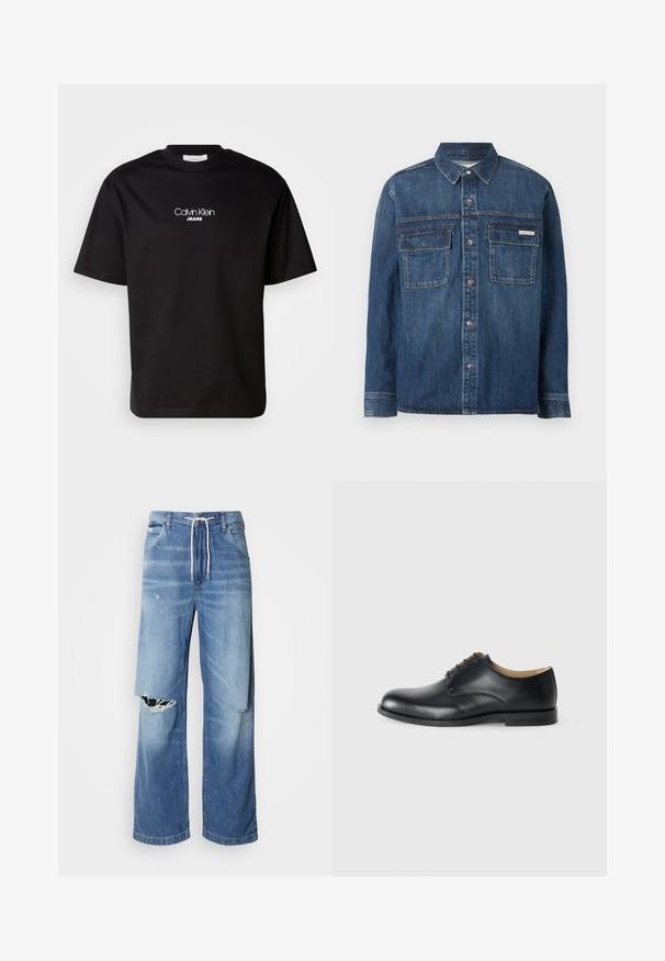 Pitkähihainen tummansininen farkkupaita nappisuljennuksella, kahdella läppätaskulla rinnassa ja pienellä Calvin Klein -merkillä oikeassa taskussa.; Musta puuvillainen t-paita, jossa on pyöreä kaula-aukko, lyhyet hihat ja valkoinen "Calvin Klein JEANS" -logo edessä. Yksinkertainen ja suora leikkaus.; Vaalean siniset farkut, joissa on avara leikkaus, valkoisella kiristysnauhalla vyötäröllä ja selkeät repeämät etuosassa, jotka paljastavat rispaantuneita reunoja.; Calvin Klein ESS DERBY - Nauhakengät - triple black