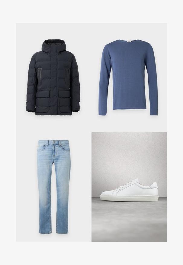 Donkergrijze pufferjack met capuchon, voorzien van twee borstzakken, zijzakken en elastische manchetten. Gemaakt van geïsoleerde, gequiltte stof.; Shirt met lange mouwen en ronde hals in middelblauw. Gemaakt van zachte stof met een subtiele textuur. Rechte snit en minimale details.; Lichtblauwe denim jeans met een rechte pasvorm, vijf zakken, zichtbare stiksels en een vervaagde afwerking nabij de dijen en knieën.; Witte sneaker met een gladlederen bovenwerk en een laag profiel. Voorzien van een ronde neus, zes vetergaatjes en een gestructureerde rubberen zool.
