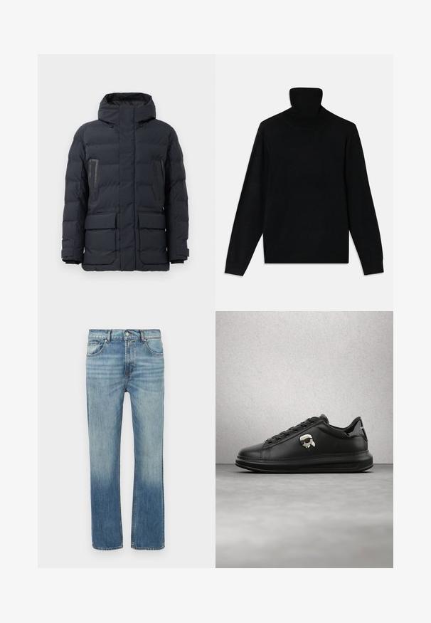 Dunkelgraue Daunenjacke mit Kapuze, ausgestattet mit zwei Brusttaschen, seitlichen Taschen und elastischen Bündchen. Hergestellt aus isoliertem, gesteppter Stoff.; Schwarzer Rollkragenpullover aus weichem Strickstoff, mit langen Ärmeln und figurbetonter Silhouette. Einfaches Design, keine sichtbaren Muster oder Akzente.; Hellblaue Jeans aus Denim mit geradem Schnitt, Verwaschungseffekten, fünf Taschen und einer vorderen Knopfverschluss. Nähte sind entlang der Nähte sichtbar.; Person trägt schwarze Lederhosen und schwarze Sneakers mit einem kleinen Comic-Charakter-Anhänger an der Seite, steht auf einem Holzboden.