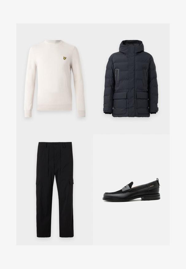 Mørkegrå pufferjakke med hætte, der har to brystlommer, sidelommer og elastiske manchetter. Lavet af isoleret, quiltet stof.; Lysebeige sweater med lange ærmer, rund hals og ribbet kant. Har et lille sort og gult broderet logo på brystet.; Sorte cargo bukser lavet af letvægtsstof, med lige ben design, frontfald, sidelommer og knaplukning.; Sort læderloafer med grå remdetalje, lav hæl og tekstureret sål, mærket med "HUGO" i guld på siden.