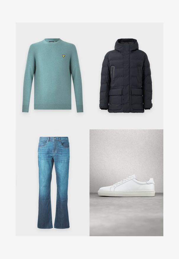 Donkergrijze pufferjack met capuchon, voorzien van twee borstzakken, zijzakken en elastische manchetten. Gemaakt van geïsoleerde, gequiltte stof.; Sweater met ronde hals in zachte teal stof, met lange mouwen en een geribde zoom. Gele geborduurde logo-accent op de borst.; Mid-blue gewassen denim jeans met een lichte flare aan de onderkant, klassieke vijf-pocket ontwerp, en een sluiting met knoop en rits aan de voorkant.; Witte sneaker met een gladlederen bovenwerk en een laag profiel. Voorzien van een ronde neus, zes vetergaatjes en een gestructureerde rubberen zool.