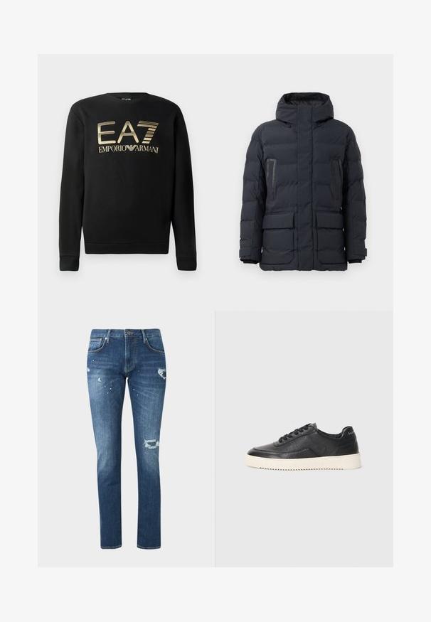 Chaqueta de puffer gris oscuro con capucha, que cuenta con dos bolsillos en el pecho, bolsillos laterales y puños elásticos. Fabricada con tejido aislante acolchado.; Sudadera negra con cuello redondo, que presenta el logo dorado de EA7 Emporio Armani en el pecho. Tejido suave con puños y dobladillo acanalados.; Vaqueros azules de corte slim con detalles desgastados y salpicaduras de pintura, con bolsillos delanteros y cierre de botones sobre un fondo liso.; Zapatillas de cuero negro con acabado texturizado, puntera redonda y suela de goma blanca plana. Presenta cordones negros y una marca en el talón.