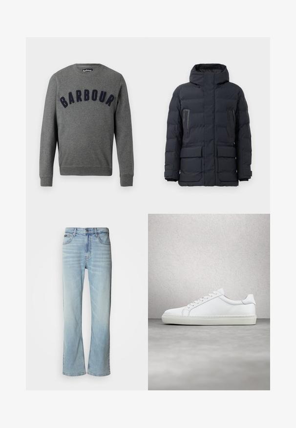 Dunkelgraue Daunenjacke mit Kapuze, ausgestattet mit zwei Brusttaschen, seitlichen Taschen und elastischen Bündchen. Hergestellt aus isoliertem, gesteppter Stoff.; Grauer Sweatshirt mit Rundhalsausschnitt und einem erhabenen, dunkelblauen "Barbour"-Logo auf der Vorderseite. Hergestellt aus weichem Material mit gerippten Bündchen.; Hellblaue Jeans aus Denim mit geradem Bein, ausgestattet mit fünf Taschen, einem Knopfverschluss und subtilen Verwaschungen im Stoff.; Weißer Sneaker mit glattem Lederobermaterial und niedrigem Profil. Verfügt über eine runde Zehenpartie, sechs Ösen und eine strukturierte Gummisohle.