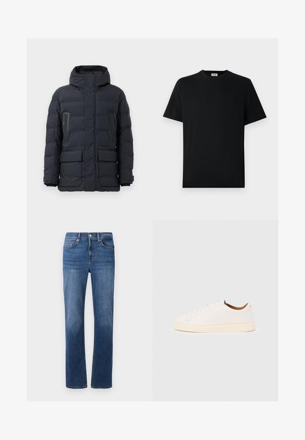 Mørkegrå pufferjakke med hætte, der har to brystlommer, sidelommer og elastiske manchetter. Lavet af isoleret, quiltet stof.; Simpel sort kortærmet T-shirt med rund hals, præsenteret fladt mod en hvid baggrund, med et lille mærke syet ind i kraven.; Mørkeblå denimjeans med lige ben, fem-lomme stil og kontraststing. Har en knap- og lynlåslukning.; Hvid lavtop-sneakers med snørelukning, minimale syningsdetaljer og en cremefarvet sål på en lysegrå baggrund.