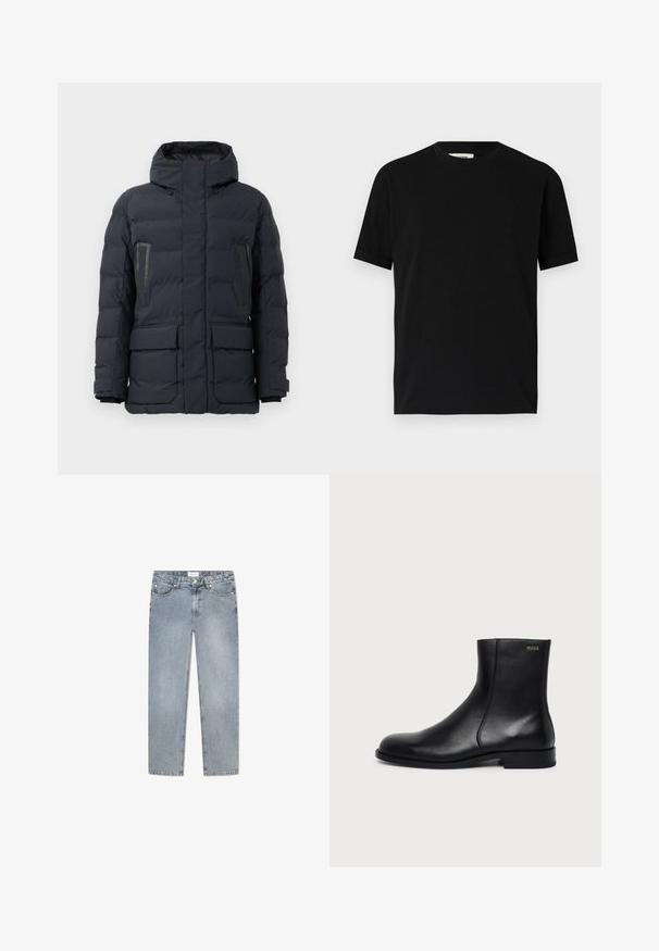 Donkergrijze pufferjack met capuchon, voorzien van twee borstzakken, zijzakken en elastische manchetten. Gemaakt van geïsoleerde, gequiltte stof.; Zwarte t-shirt met korte mouwen van katoen, met een ronde halslijn en een losse pasvorm. Gladde textuur, zonder patronen of zichtbare logo's.; Lichtblauwe denim jeans met een rechte snit, vijf zakken, knoopsluiting, subtiele vervaging en gestikte details langs de zakken.; Zwarte leren enkellaars met lage hak, zijrits en klein "HUGO" logo nabij de bovenkant op een effen lichte achtergrond.