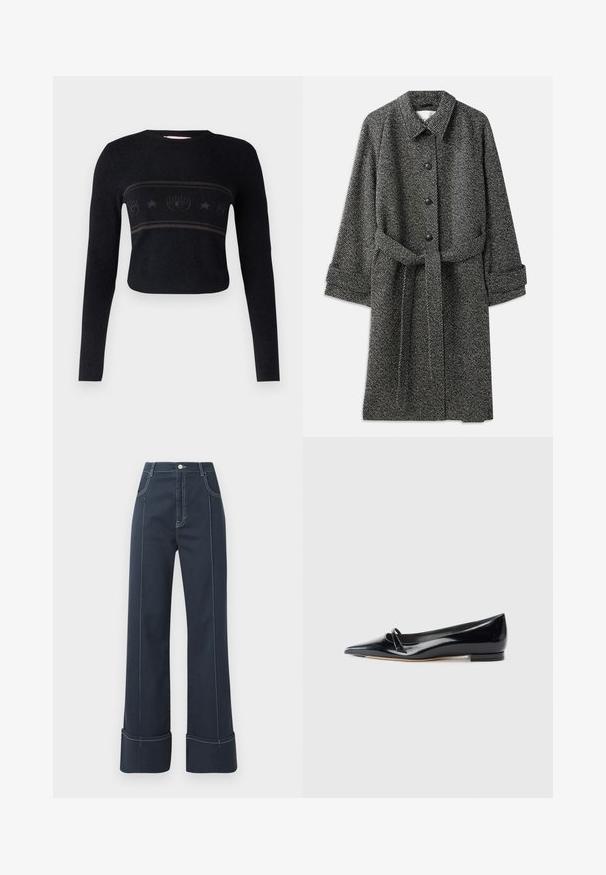 CLOSED BELTED COAT - Klassinen takki - grey heather melange; Mustan lyhyen hihaisen neuleen, jossa on pitkät hihat ja teksturoitu vaakabandi, jossa on tyyliteltyjä kuvioita ja tähtiä rinnan kohdalla.; Tummansiniset leveät farkut, joissa on konturn harmaa ommel ja käännetty helma. Korkea vyötärö ja kaksi etutaskua.; Musta lakattu nahkainen tasapohjainen kenkä, jossa on terävä kärki, pieni koristeellinen nauha ja matala lohkopohja. Suora pinta ja tyylikäs muotoilu.