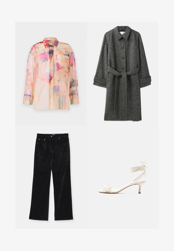 CLOSED BELTED COAT - Klasický kabát - grey heather melange; Priehľadná blúzka s dlhými rukávmi v pastelových farbách s kvetinovým akvarelovým vzorom, osadená golierom, prednými gombíkmi a vreckom na hrudi.; Čierne kordové nohavice s širokými nohavicami a jemnou textúrou, ktoré majú dve predné vrecká, päť úchytiek na opasok a kovové gombíkove akcenty.; Krémovo sfarbená nízka sandála s viazaním okolo členku a širokým prekrúteným remienkom cez prsty na jednoduchom bielom pozadí.
