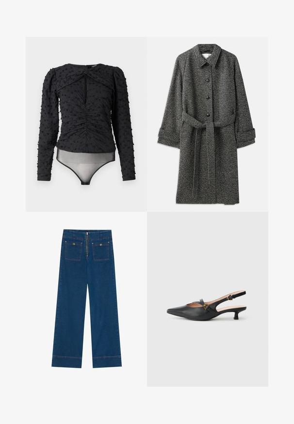 CLOSED BELTED COAT - Klassikaline mantel - grey heather melange; Hofmann Copenhagen EXCLUSIVE ALEXANDRA - Pluus - black; Tumed sinise värvi laiad denim-püksid, millel on kaks tagumist taskut nupuga, lukuga esiosa ja kontrastne õmblustaskute ääres.; Mustast nahast slingback-plaatkingad terava varba, madala kontsa, lõigatud disaini ja kulla tooniga paela pandlaga.