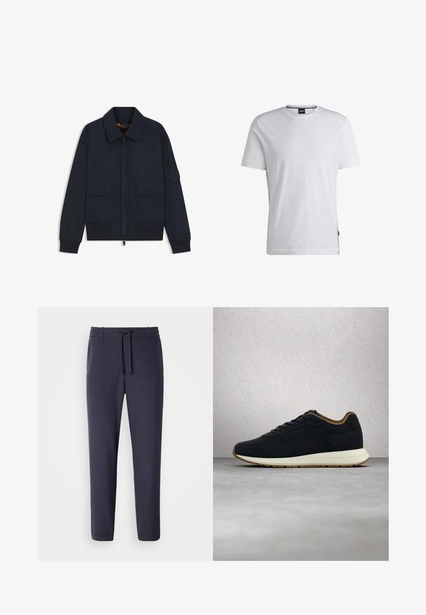 Chaqueta bomber azul marino con cremallera frontal, dos bolsillos con botones a presión, puños y dobladillo acanalados, y un bolsillo con cremallera en la manga izquierda.; Camiseta blanca de manga corta hecha de algodón. Cuenta con un cuello redondo y una etiqueta de marca sutil en el lateral. Textura suave y diseño simple.; Pantalones de chándal azul marino con cintura elástica y cordón. Hechos de un material suave, con piernas ajustadas y sin bolsillos visibles.; Zapatilla deportiva negra y marrón con cordones y suela blanca flotando sobre un suelo gris cerca de una pared de bloques de vidrio y una columna cilíndrica blanca.