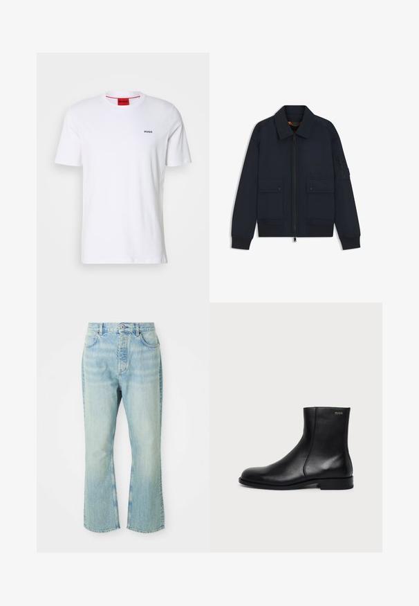 Chaqueta bomber azul marino con cremallera frontal, dos bolsillos con botones a presión, puños y dobladillo acanalados, y un bolsillo con cremallera en la manga izquierda.; Camiseta de algodón blanca de mangas cortas, con un escote redondo y pequeño logo negro "HUGO" en el lado izquierdo del pecho. Presenta una etiqueta en el cuello interior de color rojo.; Jeans de mezclilla de color azul claro, acampanados y de cintura alta, con cinco bolsillos, trabillas para el cinturón y un acabado desgastado.; Bota negra de cuero hasta el tobillo con tacón bajo, cremallera lateral y pequeño logo "HUGO" cerca de la parte superior sobre un fondo liso y claro.