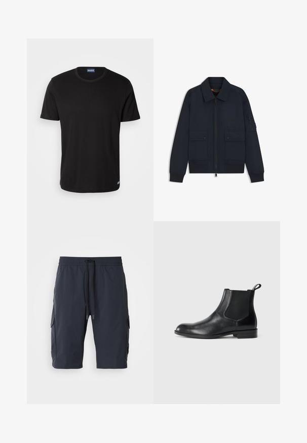 Chaqueta bomber azul marino con cremallera frontal, dos bolsillos con botones a presión, puños y dobladillo acanalados, y un bolsillo con cremallera en la manga izquierda.; Camiseta de manga corta negra hecha de algodón, con cuello redondo y una pequeña etiqueta con el logo en el dobladillo. Textura suave, corte regular.; Pantalones cortos de carga de color navy con cintura elástica, cordón en la parte frontal, bolsillos laterales y textura suave. Tejido duradero adecuado para un uso casual.; Botín negro de cuero hasta el tobillo con paneles elásticos a los lados, punta redondeada y lengüeta. Textura suave, suela plana, diseño minimalista.