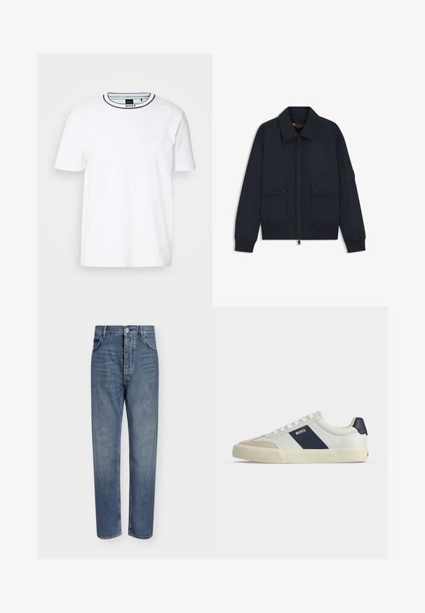 Chaqueta bomber azul marino con cremallera frontal, dos bolsillos con botones a presión, puños y dobladillo acanalados, y un bolsillo con cremallera en la manga izquierda.; Camiseta de algodón blanca con un cuello redondo que presenta una franja negra en contraste. Mangas cortas y un corte relajado. Etiqueta BOSS en el interior del cuello.; Vaqueros de mezclilla azul de corte recto con cintura alta, cierre frontal de botones y diseño de cinco bolsillos sobre un fondo claro y liso.; Zapatilla blanca de caña baja con puntera beige, franja lateral azul marino con etiqueta BOSS, cordones blancos y suela de goma sobre fondo neutro.