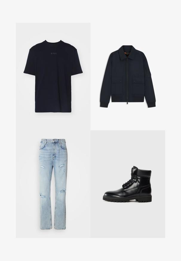 Chaqueta bomber azul marino con cremallera frontal, dos bolsillos con botones a presión, puños y dobladillo acanalados, y un bolsillo con cremallera en la manga izquierda.; Camiseta de algodón azul marino de manga corta y escote redondo, con un logo gris "BOSS" centrado en el pecho.; Jeans de mezclilla de lavado claro con un corte relajado, que presentan áreas desgastadas y bordes deshilachados. La tela tiene una textura suave y lisa.; Botín negro de cuero hasta el tobillo con acabado brillante, diseño con cordones, cuello acolchado y suela de goma resistente con agarres de tracción.