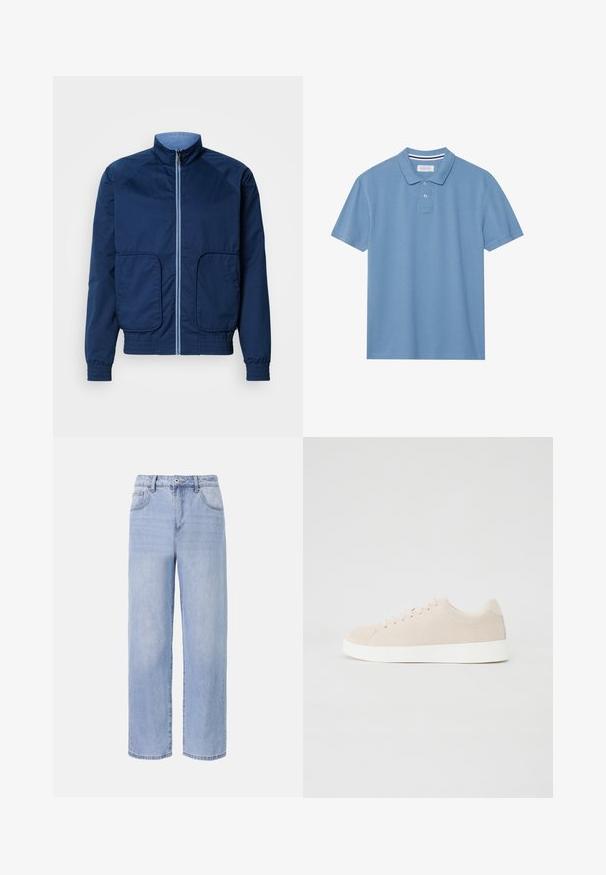 Veste légère bleu marine avec un col montant, fermeture éclair, deux poches avant et des poignets et un ourlet élastiques. Texture lisse, design décontracté.; Polo bleu clair en tissu texturé, avec un col, une patte de boutonnage à trois boutons et des manches courtes.; Jean en denim bleu clair avec une coupe décontractée et des jambes larges. Les caractéristiques incluent cinq poches, une fermeture à bouton à l'avant et une décoloration subtile.; Baskets en daim beige avec semelles en caoutchouc blanc, bout rond et six œillets pour les lacets. Texture lisse avec un design minimaliste.