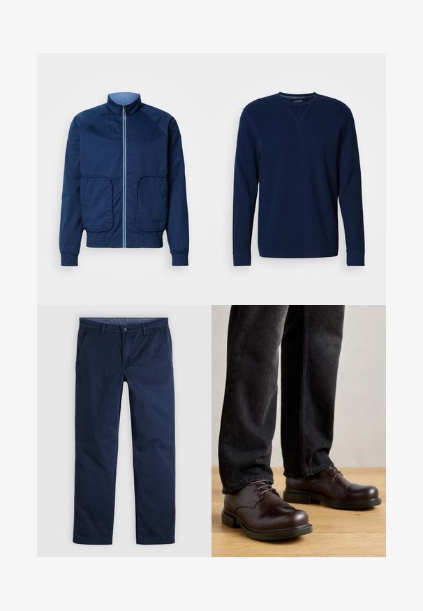Veste légère bleu marine avec un col montant, fermeture éclair, deux poches avant et des poignets et un ourlet élastiques. Texture lisse, design décontracté.; Sweatshirt bleu marine à manches longues avec col rond, poignets côtelés, texture douce et détail en point de croix au niveau de l'encolure.; Pantalon décontracté pour homme, coupe droite, bleu foncé, avec passants pour ceinture et poches latérales avant, présenté à plat sur un fond neutre.; Chaussures en cuir marron avec un bout rond, design à lacets et semelle en caoutchouc noire épaisse, associées à un pantalon en denim foncé.