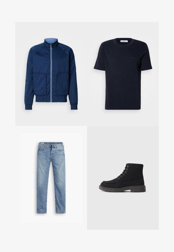 Marineblaue leichte Jacke mit hohem Kragen, Reißverschluss, zwei Fronttaschen sowie elastischen Bündchen und Saum. Glatte Textur, lässiges Design.; Navyblaue Baumwoll-T-Shirt mit kurzen Ärmeln, rundem Ausschnitt und kleinem Logodetail auf der Brust. Glatte Textur, klassischer Schnitt.; Hellblaue Denim-Jeans mit geradem Schnitt. Sie verfügen über einen Knopfverschluss, fünf Taschen und eine leicht verwaschene Textur.; Schwarze Stiefeletten aus Wildleder und synthetischem Material. Abgerundete Zehenpartie, sechs Ösen mit metallischen Schnürsenkeln, dicke Gummisohle und dezentes Textdetail.