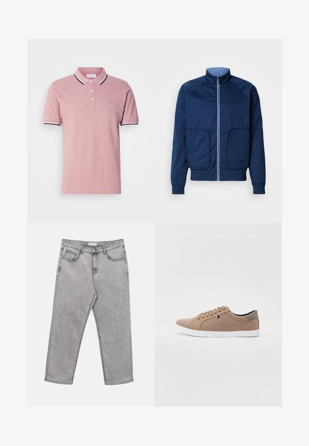 Chaqueta ligera de color azul marino con un alto cuello, cierre de cremallera, dos bolsillos frontales y puños y dobladillo elásticos. Textura suave, diseño casual.; Camisa polo rosa con una tapeta de dos botones, cuello acanalado con rayas en marino y blanco, y un sutil logo bordado en el pecho.; Vaqueros de mezclilla gris claro con botón y cremallera delanteros, trabillas para cinturón y cinco bolsillos, colocados planos sobre un fondo blanco.; Zapatillas de lona beige con un diseño de caña baja, suela de goma blanca y cordones redondos. Presenta un acento en el talón gris contrastante y un detalle del logo.