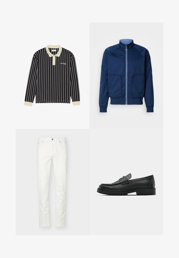 Marineblå letvægtsjakke med højt krave, lynlås lukning, to forlommer samt elastiske manchetter og kant. Glat tekstur, afslappet design.; Langeærmet polo skjorte med marineblå og creme vertikale striber, en creme krave, tre-knaps placket og broderet logo på venstre bryst.; Hvide bukser med small fit, frontknap og lynlås, fem lommer og bæltestropper, vist på en ensartet lys baggrund.; Sorte læder loafers med rund tå, der har et syet design, lav platformssål og en struktureret, skridsikker gummisål.