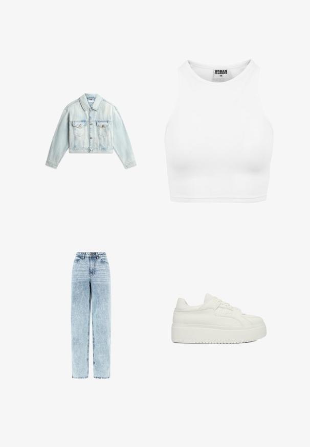Veste en jean bleu clair courte avec boutonnière à l'avant, deux poches à rabat sur la poitrine, et manches longues étalées sur un fond blanc.; Débardeur court blanc côtelé avec col montant et étiquette "Urban Classics XS" à l'intérieur du col.; Jean taille haute en denim bleu clair délavé, coupe droite, bouton et fermeture éclair à l’avant, poches avant.; Baskets à plateforme blanches avec lacets à l'avant, panneau latéral perforé et semelle épaisse, montrées de profil sur fond blanc.