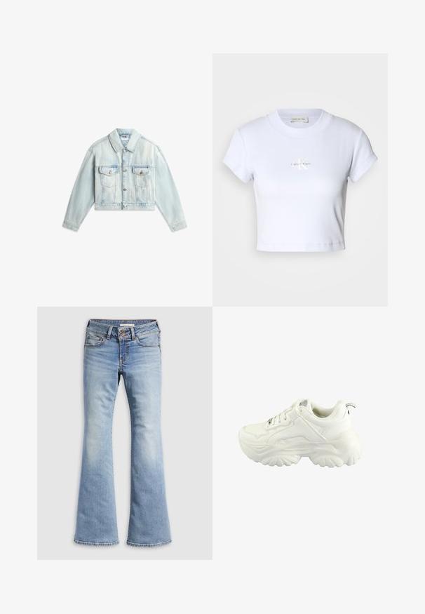 Lyseblå kort denimjakke med knapper foran, to brystlommer med klap, og lange ærmer udstrakt på hvid baggrund.; Hvid cropped t-shirt med rund halsudskæring og korte ærmer, der har en diskret "Calvin Klein" logo i midten.; Lyseblå vidde jeans lavet af denim. Har knaplukning, fem lommer og falmet tekstur med sømløse kanter.; Hvide sneakers med et chunky design, glat syntetisk overdel, polstret krave og tekstureret gummisål med et diamantmønster.