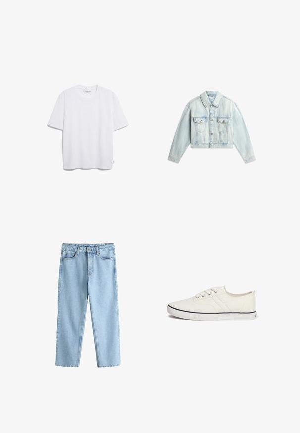 Hellblaue, kurz geschnittene Jeansjacke mit Knöpfen vorne, zwei Brusttaschen mit Klappen und langen Ärmeln, ausgebreitet auf weißem Hintergrund.; Weißes Baumwoll-T-Shirt mit kurzen Ärmeln, runder Halslinie und lockerer Passform. Keine sichtbaren Muster oder Logos. Glatte Textur.; Hellblaue Jeans mit geradem Bein, Vorderknopf- und Reißverschluss, Gürtelschlaufen und Fünf-Taschen-Design.; Weiße Leinenschuhe mit einem flachen Design, runder Zehenpartie, sechs Ösen, marineblauem Akzentstreifen und strukturiertem Gummisohlen.