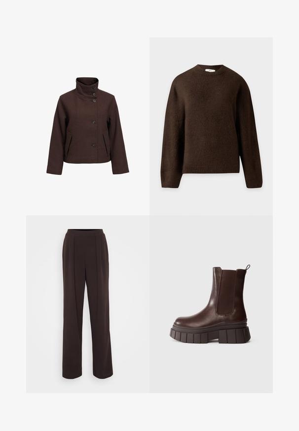 Mørkebrun uldjakke med høj knaplukning ved kraven, fem knapper foran, lange ærmer samt lommer med klap foran.; Enkelt mørkebrunt crewneck-sweater med lange ærmer og ribstrikkede manchetter og kant, vist på en neutral lys baggrund.; Bredde benbukser i mørkebrun stof, med en glat tekstur, for- folder og et tætsiddende taljebånd.; Mørkebrune læderankelstøvler med en tyk, klodset sål og elastiske sidepaneler, placeret mod en ensfarvet hvid baggrund.
