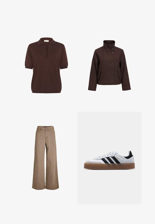 Veste en laine marron foncé avec col montant boutonné, cinq boutons devant, manches longues et poches avant à rabat.; Polo shirt marron à manches courtes, avec un col classique, une patte de boutonnage à trois boutons et un tissu en tricot texturé. Coupe décontractée et relax.; Jean en denim marron à jambes larges avec poches avant, passants de ceinture et fermeture à bouton.; Baskets en cuir blanc avec des rayures noires, semelle extérieure en caoutchouc beige, bout rond, fermeture lacée et embout en suède gris doux.
