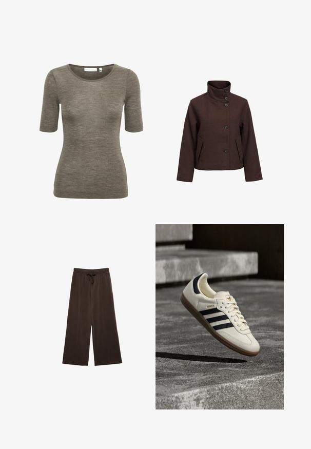 Donkerbruine wollen jas met hoge knoopsluiting, vijf knopen aan de voorkant, lange mouwen en voorzakken met klep.; Bruine T-shirt met korte mouwen, gemaakt van zachte, gestructureerde stof en met een ronde halslijn. Heeft een discreet merkimpressie nabij de zoom.; Bruine wijde broek met een trekkoord in de taille. Gemaakt van zachte stof, met verticale naden aan de voorkant voor extra detail.; Witte Adidas Samba sneaker met zwarte strepen en gumzool, zwevend boven gestructureerde grijze betonnen treden.