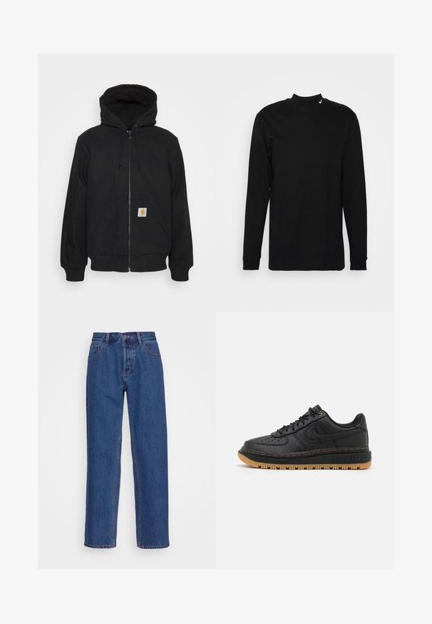 Mustat vetoketjuhupparit, joissa on tikattu huppu, narut ja etutaskut. Vasemmassa taskussa on logopatchi ja ribbaustaskut.; Nike Sportswear MOCK NECK - Collegepaita - black; Siniset farkut, joissa on klassinen suora lahje, korkea vyötärö, vyölenkit ja huomaamattomat tikkausyksityiskohdat.; Musta nahkasneaker, jossa on tekstuuripinta, pyöreä nenä, rei'itetyt yksityiskohdat ja kuminen ulkopohja. Sisältää erottuvaa keltaista ompelua ja logon.