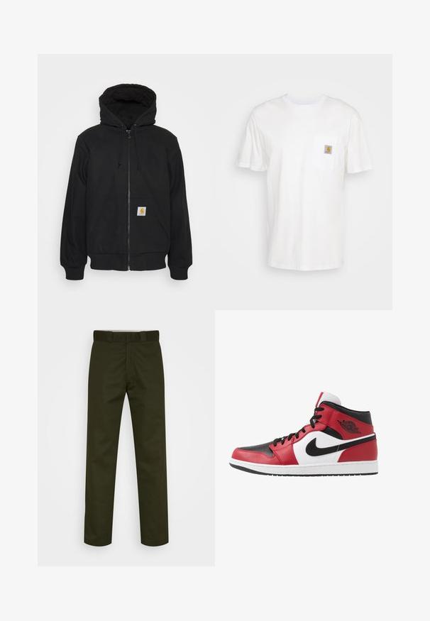Schwarze Zip-Jacke mit einer gesteppte Kapuze, Kordelzügen und Fronttaschen. Enthält ein Logo-Patch auf der linken Tasche und gerippte Bündchen.; Weißes Baumwoll-T-Shirt mit kurzen Ärmeln, einer Brusttasche und einem kleinen quadratischen Logopatch in Orange und Weiß auf der Tasche.; Dunkelgrüne Hosen mit geraden Beinen, aus einem glatten Stoff. Sie verfügen über einen flachen Bund, Gürtelschlaufen und sind ohne sichtbare Muster oder Beschläge.; Jordan AIR JORDAN 1 MID - Sneaker high - black/gym red
