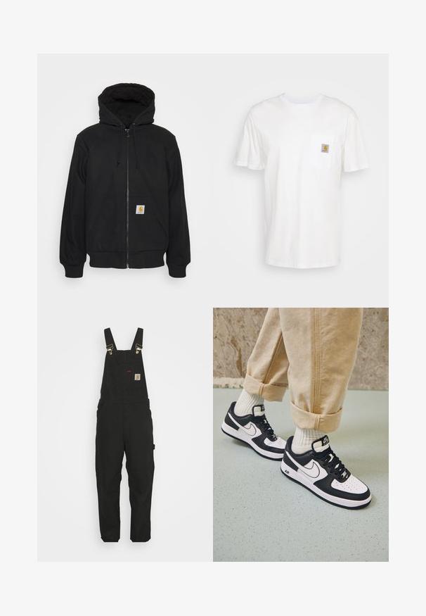 Sort zip-hætte med quitte hætte, snore og frontlommer. Har et logo-patch på den venstre lomme og ribbede manchetter.; Hvid bomulds T-shirt med korte ærmer, en brystlomme, og et lille firkantet logo patch i orange og hvid på lommen.; Sorte bomuldsoveralls med justerbare stropper, en forlommes med logo patch og to sidelommer i en afslappet pasform.; Sorte og hvide Nike Air Force 1 sneakers med læderoverdel, perforeret tå og tekstureret såldetalje, båret med rullede beige bukser og hvide sokker.