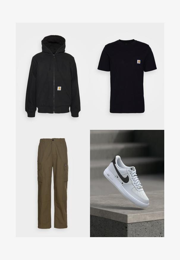 Sudadera con cremallera negra y capucha acolchada, con cordones y bolsillos delanteros. Presenta un parche con el logo en el bolsillo izquierdo y puños de canalé.; Camiseta de algodón negra con mangas cortas, cuello redondo y un bolsillo en el pecho que presenta un pequeño parche de logo cuadrado. Diseño simple y sólido.; Pantalones cargo en verde oliva, hechos de un tejido resistente. Presenta dos bolsillos laterales, una cintura estándar y un diseño de pierna recta.; Zapatilla blanca Nike Air Force 1 con logo Swoosh negro, flotando sobre un saliente de hormigón con escaleras difuminadas al fondo.