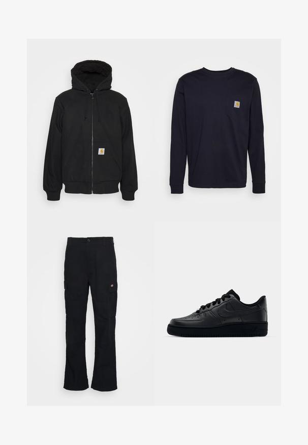 Schwarze Zip-Jacke mit einer gesteppte Kapuze, Kordelzügen und Fronttaschen. Enthält ein Logo-Patch auf der linken Tasche und gerippte Bündchen.; Langärmliges T-Shirt in Marineblau aus Baumwolle mit einer Brusttasche und einem Logo-Patch. Gerader Saum und gerippte Bündchen.; Schwarze Cargo-Hose mit geradem Bein, aus strapazierfähigem Stoff gefertigt, mit Seitentaschen und einem aufgenähten Logo auf der linken Seite.; Schwarzer Nike Air Force 1 Schuh mit einem glatten Lederoberteil, perforierter Zehenpartie für Atmungsaktivität, schwarzen Schnürsenkeln und einer strukturierten Gummisohle.