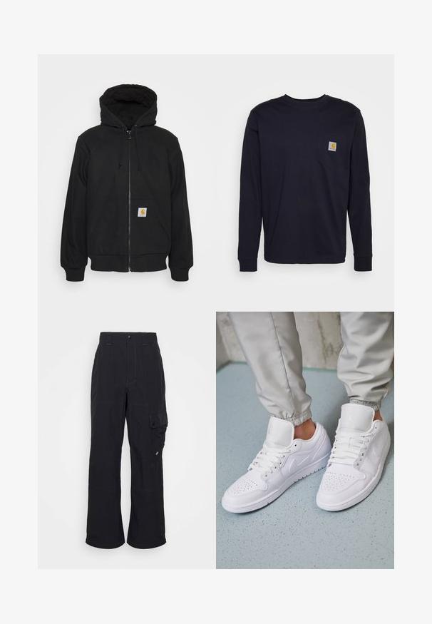 Must/hoodie, mille ajal, pitsitud kapuutsiga, nööride ja esikottidega. Vasakpoolsel kotil on logo silt ja peenikesed varrukad.; Pikkade varrukatega tume sinine T-särk, mis on valmistatud puuvillast ja millel on rinnakotike koos logoplakiga. Sirge ääre ja soonikuga mansetid.; Mustad mustadest kangast püksid, millel on laiad jalad, nähtavad õmblused ja küljekott, millel on nööbikinnitus.; Valged nahast tossud sisaldavad perforatsiooni varvaste osas, lame nöörid, pehmendatud kaelus ja Jordani logo keelega. Kanda hallide spordipükstega.