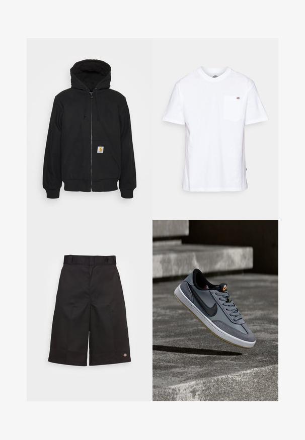 Schwarze Zip-Jacke mit einer gesteppte Kapuze, Kordelzügen und Fronttaschen. Enthält ein Logo-Patch auf der linken Tasche und gerippte Bündchen.; Weißes Baumwoll-T-Shirt mit Rundhalsausschnitt, kurzen Ärmeln und einer Brusttasche, die auf der linken Seite ein kleines Markenlogo aufweist.; Schwarze Baumwollshorts mit geradem Schnitt, knielang, mit sichtbar eingesticktem Markenzeichen am Saum und einer glatten Textur.; Grauer Nike-Sneaker aus Leder und Wildleder, mit schwarzem Swoosh, weißer Zwischensohle und strukturiertem Gummi-Laufsohle mit Gummi-Akzenten.
