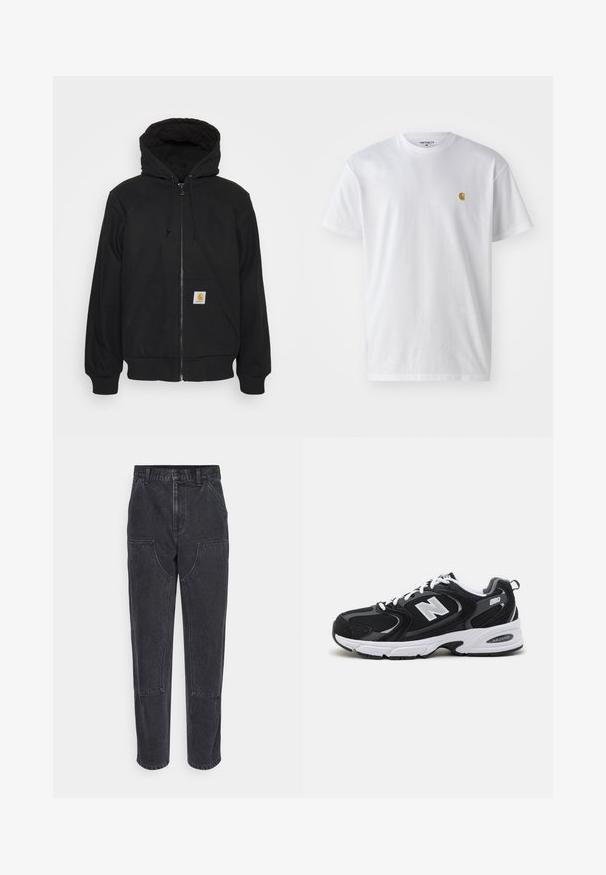Schwarze Zip-Jacke mit einer gesteppte Kapuze, Kordelzügen und Fronttaschen. Enthält ein Logo-Patch auf der linken Tasche und gerippte Bündchen.; Weißes Baumwoll-T-Shirt mit kurzen Ärmeln, Rundhalsausschnitt, mit einem kleinen goldenen Logo im linken Brustbereich. Weicher Stoff und normale Passform.; Schwarze Denim-Jeans mit hoher Taille, geradem Bein und großen frontalen Taschen. Mit kontrastierenden Nähten und ohne sichtbare Logos.; Schwarze und graue Sportschuhe mit Obermaterial aus Mesh und Wildleder, ausgestattet mit einer weißen Zwischensohle, Schnürsenkeln und einem markanten "N"-Logo an der Seite.