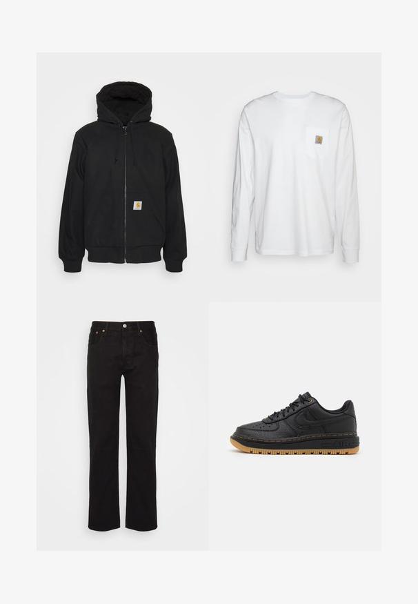Zwarte zip-up hoodie met een gewatteerde capuchon, trekkoorden en voorzakken. Heeft een logopatch op de linkse zak en ribgebreide manchetten.; Wit katoenen overhemd met lange mouwen, met een borstzakje met een vierkante logo patch. Eenvoudig ontwerp met een ronde halslijn en manchetten.; Zwarte recht gesneden jeans gemaakt van katoen. Heeft vijf zakken, een metalen knoop en oranje stikselaccenten aan de voorkant.; Zwarte leren sneaker met textuur, ronde neus, geperforeerde details en een gumrubberen zool. Heeft contrasterende gele stiksels en logo.