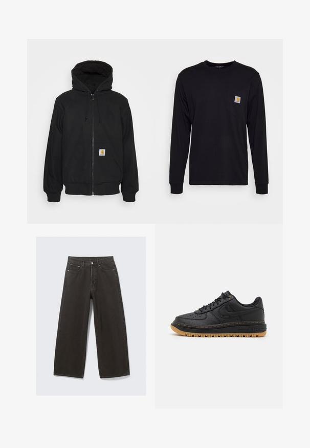 Must/hoodie, mille ajal, pitsitud kapuutsiga, nööride ja esikottidega. Vasakpoolsel kotil on logo silt ja peenikesed varrukad.; Must have pika särg, millel on pikad varrukad ja mis on valmistatud puuvillast. Rinnas on tasku, millel on ruudukujuline hall silt ja oranž logo. Lihtne, ühes toonis disain.; Laiad mustad teksad omavad kõrge vöökoha, viit taskut ja nööbiga sulgemist. Kangas on pehme ja tekstuuriga viimistlusega.; Must musta ketsid tekstureeritud viimistlusega, ümarate varvastega, perforatsioonide ja kummist välispõhjaga. Omab kontrastset kollast tikandit ja logo.