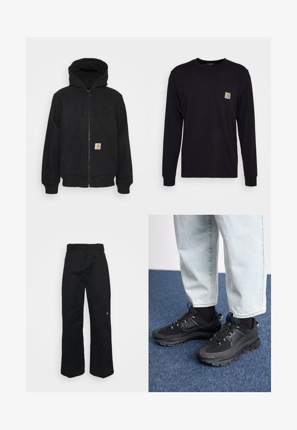 Schwarze Zip-Jacke mit einer gesteppte Kapuze, Kordelzügen und Fronttaschen. Enthält ein Logo-Patch auf der linken Tasche und gerippte Bündchen.; Schwarzes Langarmshirt aus Baumwolle. Verfügt über eine Brusttasche mit einem quadratischen grauen Etikett und orangefarbigem Logo. Einfaches, einfarbiges Design.; Schwarze Hosen aus stabilem Stoff mit geradem Bein, Bundschlaufen und einem kleinen Logo an der unteren Seite.; Schwarze Sportschuhe aus strukturiertem Stoff mit Gummisohlen, ausgestattet mit elastischen Schnürsenkeln und einem blauen Akzent an der Ferse. Getragen mit hellen Jeans.