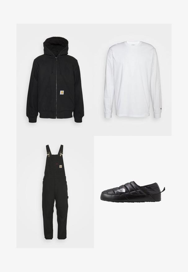 Sort zip-hætte med quitte hætte, snore og frontlommer. Har et logo-patch på den venstre lomme og ribbede manchetter.; Hvid langærmet T-shirt lavet af bomuld. Rund halsudskæring med ribbede manchetter og et lille logo på venstre ærme. Glat tekstur.; Sorte bomuldsoveralls med justerbare stropper, en forlommes med logo patch og to sidelommer i en afslappet pasform.; Sort slip-on sko med et quiltet design, lavet af polstret materiale. Har en struktureret gummisål og et lille trækstrop bagpå.