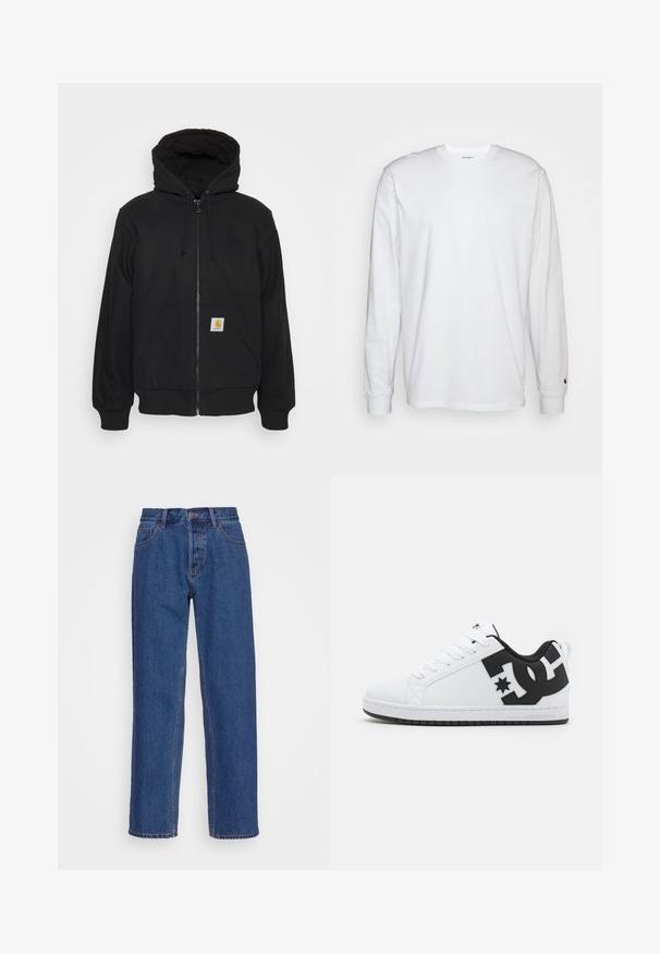 Haut de hoodie zippé noir avec capuche matelassée, cordons de serrage et poches avant. Présente un patch logo sur la poche gauche et des poignets côtelés.; T-shirt blanc à manches longues en coton. Design à col rond avec des poignets côtelés et un petit logo sur la manche gauche. Texture lisse.; Jean en denim bleu avec un design classique à jambe droite, présentant une taille haute, des passants de ceinture et des détails de couture subtils.; Baskets blanches avec un dessus synthétique lisse, ornées d'accents de logo noirs et d'une semelle en caoutchouc. Design à lacets, forme de bout arrondi.