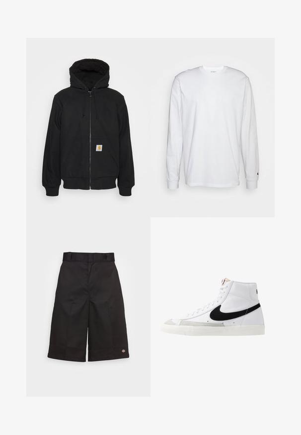 Sudadera con cremallera negra y capucha acolchada, con cordones y bolsillos delanteros. Presenta un parche con el logo en el bolsillo izquierdo y puños de canalé.; Camiseta blanca de manga larga hecha de algodón. Diseño de cuello redondo con puños acanalados y un pequeño logo en la manga izquierda. Textura suave.; Bermudas de algodón negras de corte recto, hasta la rodilla, con un logotipo visible en el dobladillo y una textura suave.; Zapatillas altas blancas con un swoosh negro, una puntera texturizada en gris y suela plana blanca. Presenta seis ojales y acentos cosidos.