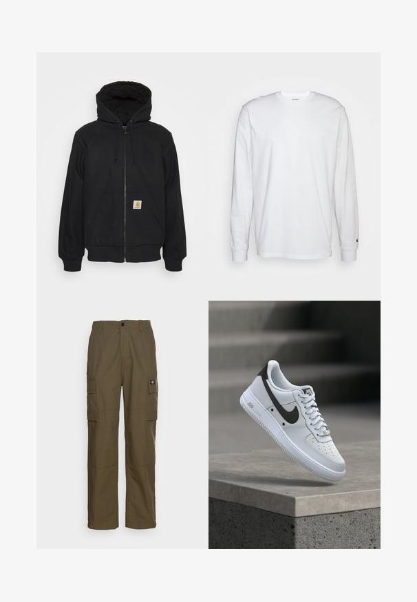 Sort zip-hætte med quitte hætte, snore og frontlommer. Har et logo-patch på den venstre lomme og ribbede manchetter.; Hvid langærmet T-shirt lavet af bomuld. Rund halsudskæring med ribbede manchetter og et lille logo på venstre ærme. Glat tekstur.; Cargo bukser i olivengrøn, lavet af slidstærkt stof. Har to sidelommer, en standard talje og en lige ben design.; Hvid Nike Air Force 1 sneaker med sort swoosh-logo, svævende over en betonforkant med slørede trapper i baggrunden.