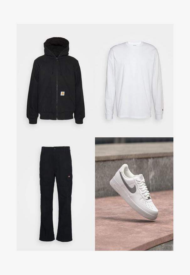 Haut de hoodie zippé noir avec capuche matelassée, cordons de serrage et poches avant. Présente un patch logo sur la poche gauche et des poignets côtelés.; T-shirt blanc à manches longues en coton. Design à col rond avec des poignets côtelés et un petit logo sur la manche gauche. Texture lisse.; Pantalons cargo noirs avec une coupe droite, fabriqués en tissu durable, dotés de poches latérales et d'un logo en patch sur le côté gauche.; Baskets blanches Nike Air Force 1 avec logo swoosh gris flottant au-dessus d'une surface en pierre et un mur en pierre gris en arrière-plan.