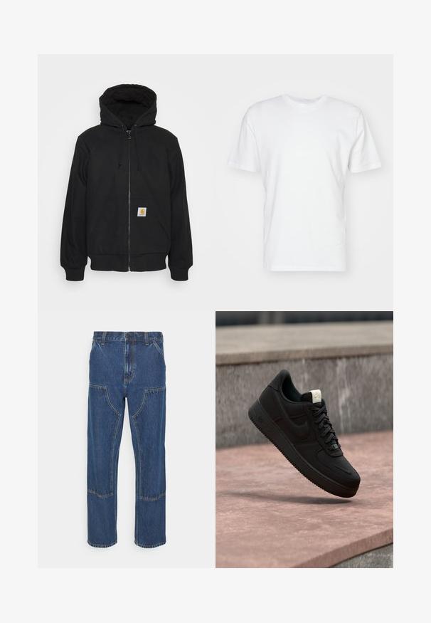 Zwarte zip-up hoodie met een gewatteerde capuchon, trekkoorden en voorzakken. Heeft een logopatch op de linkse zak en ribgebreide manchetten.; Witte katoenen T-shirt met korte mouwen, ronde halslijn en een gladde textuur. Eenvoudig ontwerp zonder patronen of afbeeldingen.; Blauwe spijkerbroek met een rechte pijp, voorzakken en contrasterende stiksels. De stof heeft een klassieke textuur en afwerking.; Zwarte Nike Air Force 1 sneaker die boven een roze betonnen richel zweeft met een grijze stenen achtergrond, met zij- en bovenzijde details.
