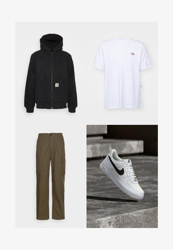 Sort zip-hætte med quitte hætte, snore og frontlommer. Har et logo-patch på den venstre lomme og ribbede manchetter.; Hvid bomulds t-shirt med v-hals og korte ærmer. Har et lille farverigt broderet logo på venstre bryst. Blød tekstur.; Cargo bukser i olivengrøn, lavet af slidstærkt stof. Har to sidelommer, en standard talje og en lige ben design.; Hvid Nike Air Force 1-sneaker med sort swoosh, snørebånd bundet, placeret i luften over tekstureret betonoverflade udendørs.
